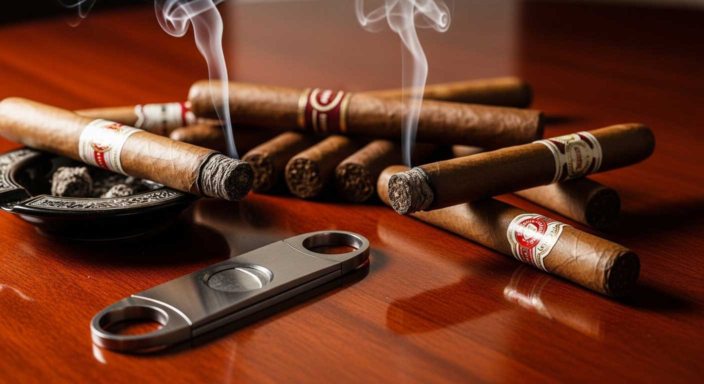 テーブルの上に置かれた葉巻とカッター、トーチライターのセット