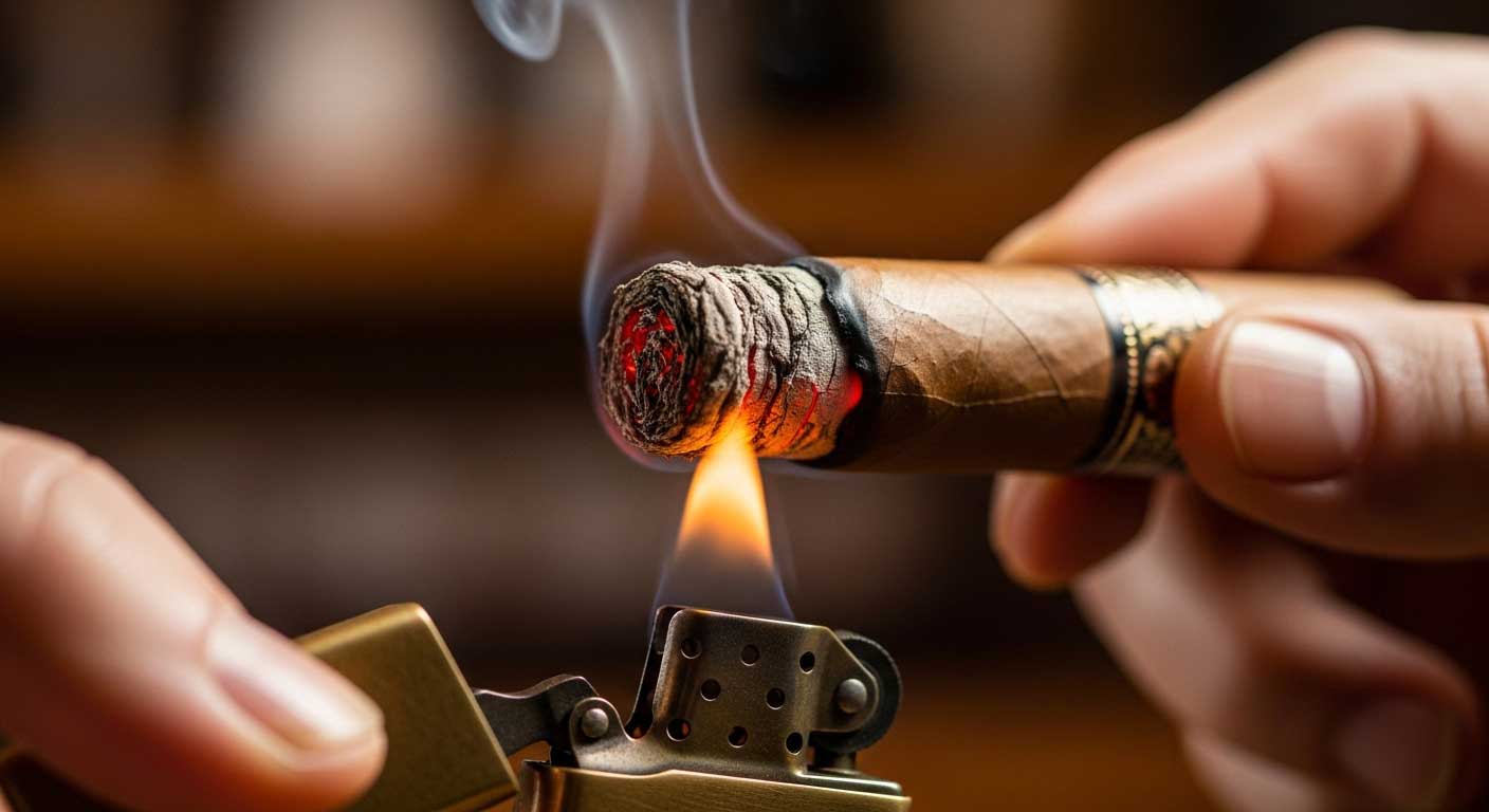 葉巻の先端を回しながらトースト（炙り）する様子