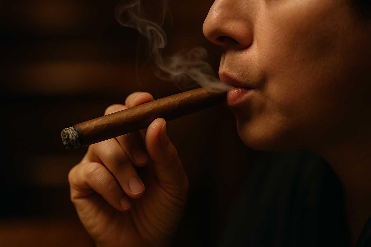 口に煙を含んで香りを楽しむ様子（レトロヘイルは任意）