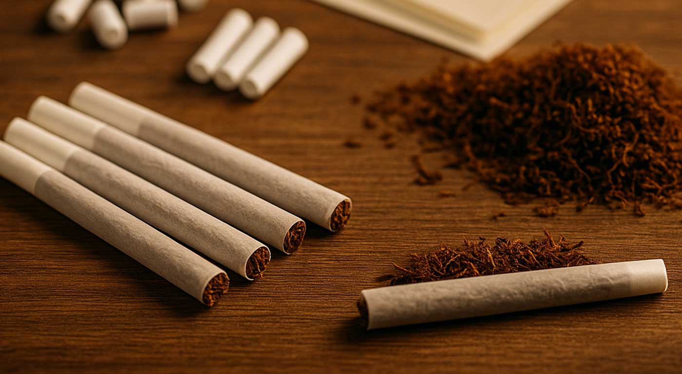 テーブルの上のシャグ、ローリングペーパー、フィルター、ローリングマシンのセット